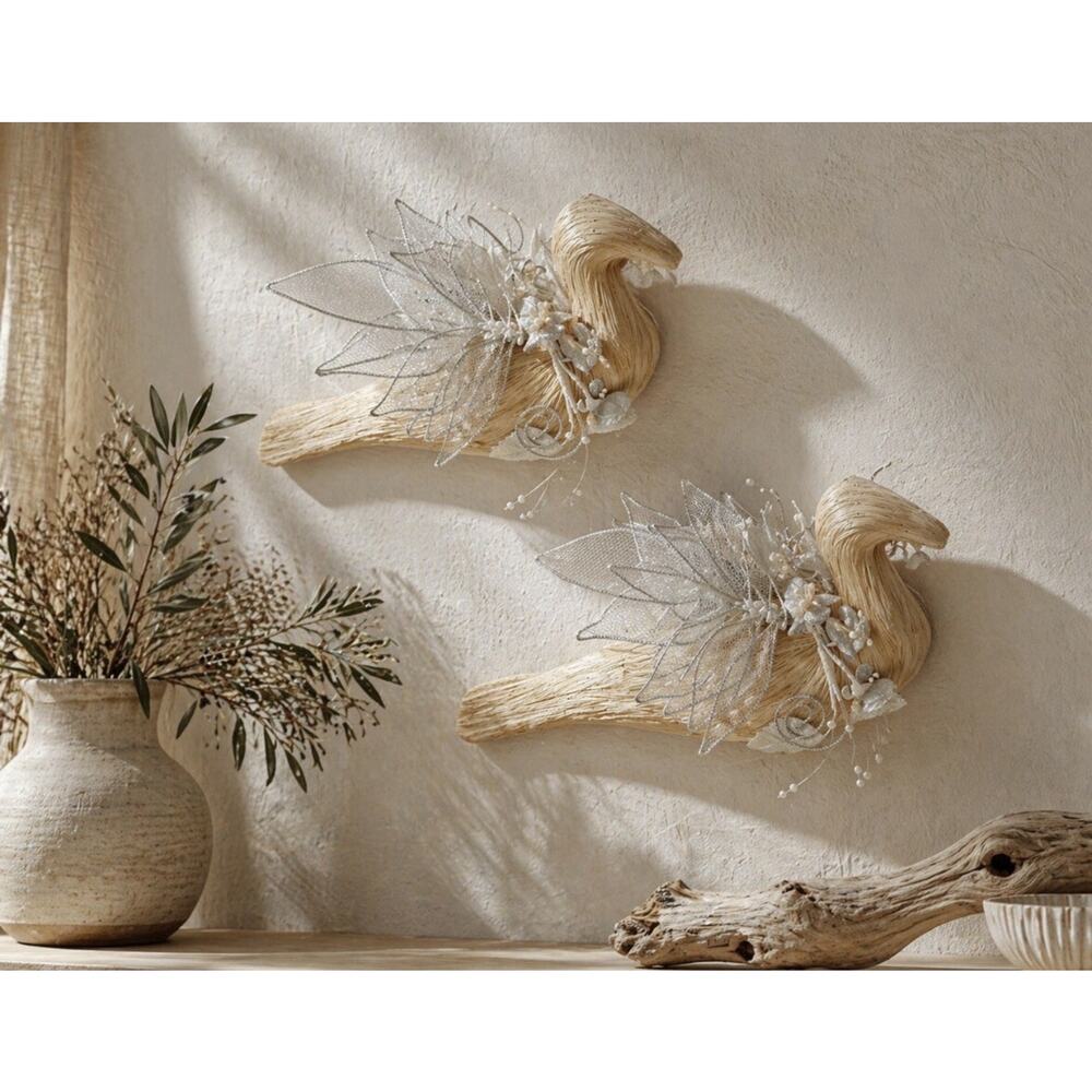 Two Handcrafted Philippines Cornhusk Palm Fiber Bird Tool Mesh Faux Pearls mesh